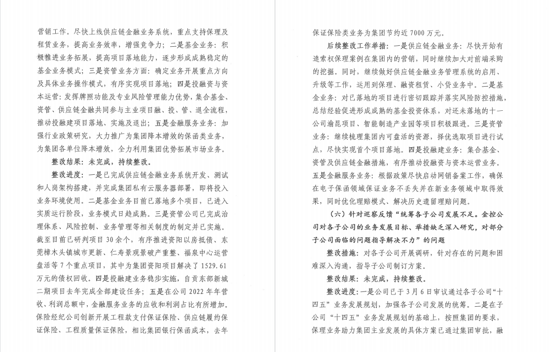 四川华西金融控股股份有限公司党委 关于巡察整改阶段进展情况的通报
