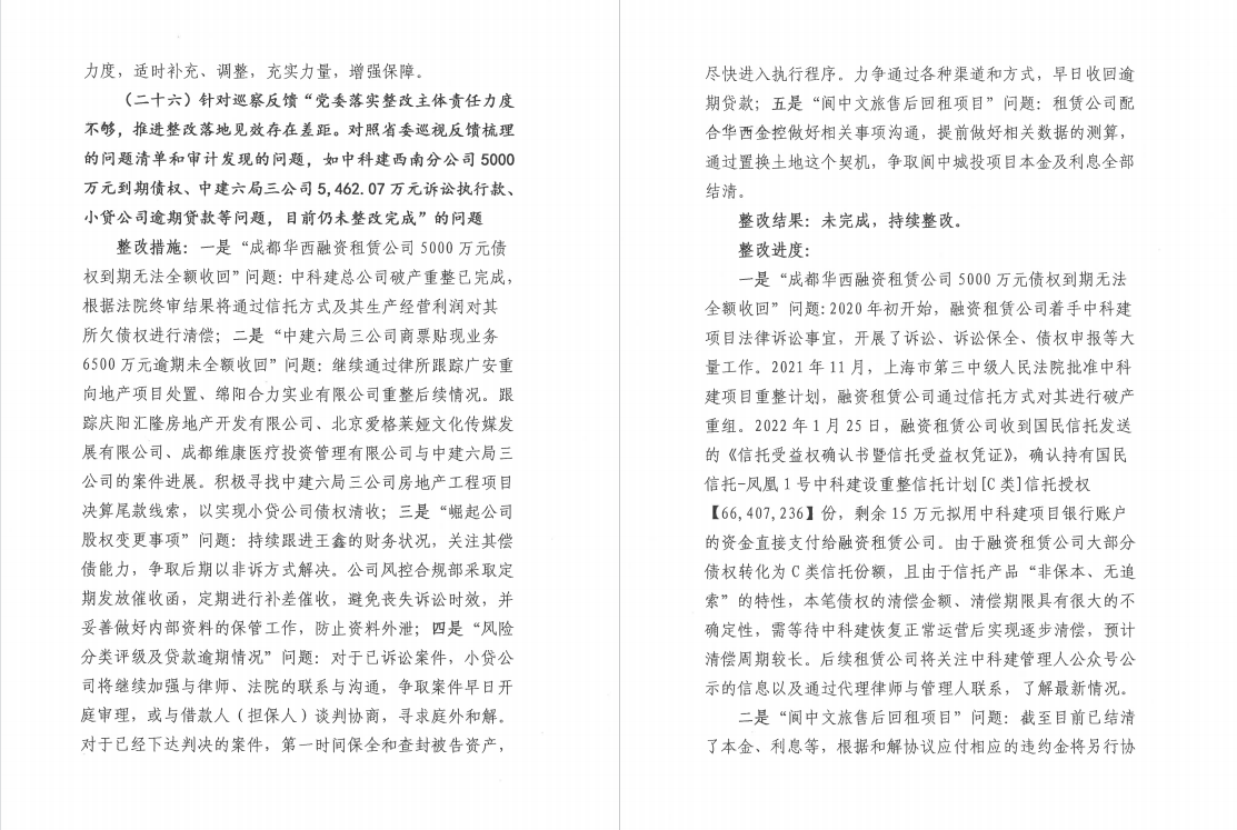 四川华西金融控股股份有限公司党委 关于巡察整改阶段进展情况的通报