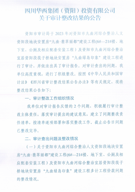 四川华西集团（资阳）投资有限公司关于审计整改结果的公告